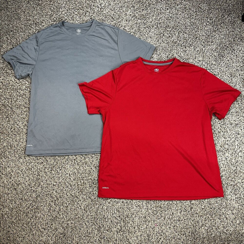 Athletic Works DriWorks Knit Shirt Mens Sz L /XL Gray Red Short Sleeve Crew Neck